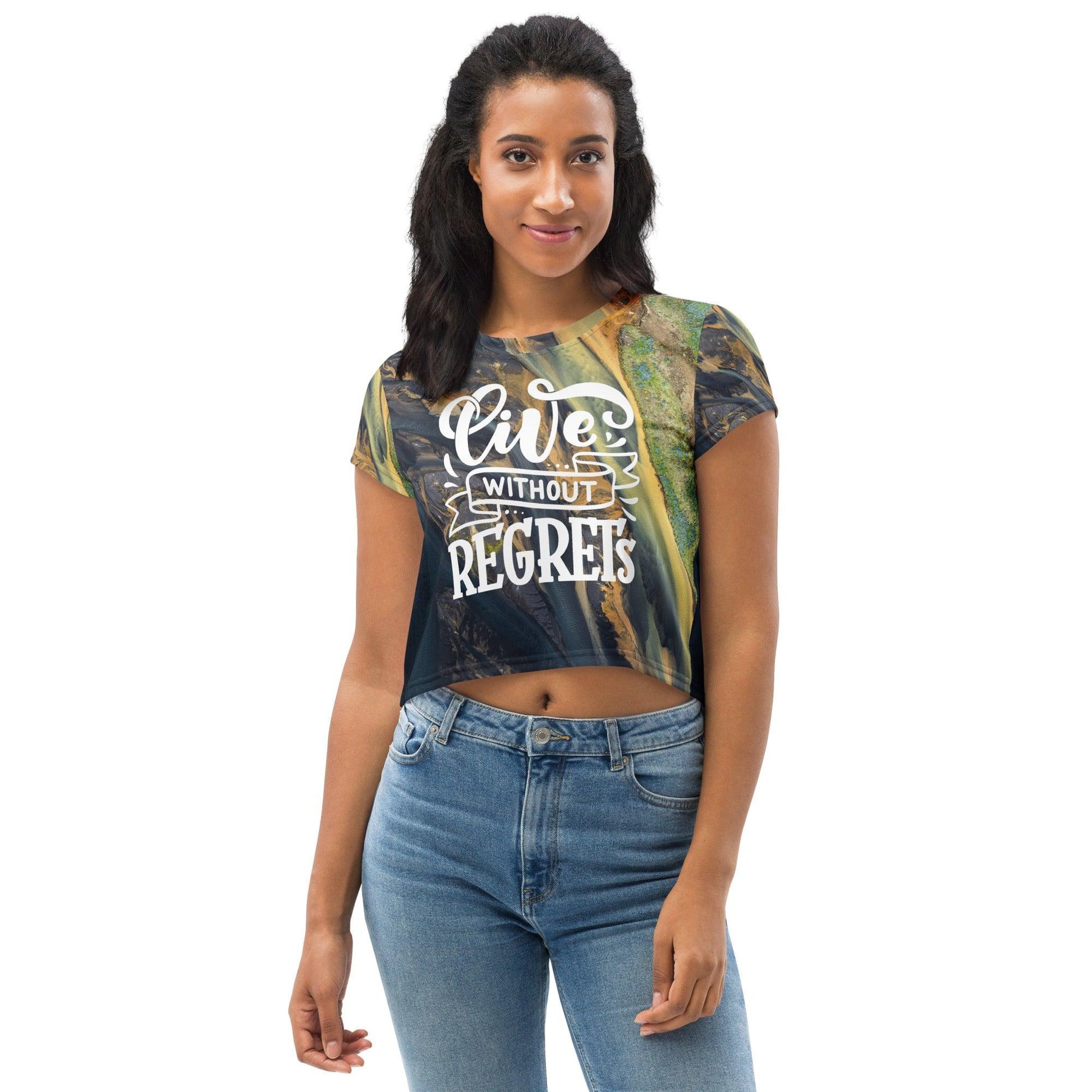 Live Without Regrets | Premium All-Over Print Crop Tee - Affirm Effect